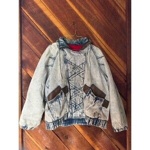 Vintage 80s Weathered Blue Acid Wash Denim Blue Jean Jacket Men's Red Lined M